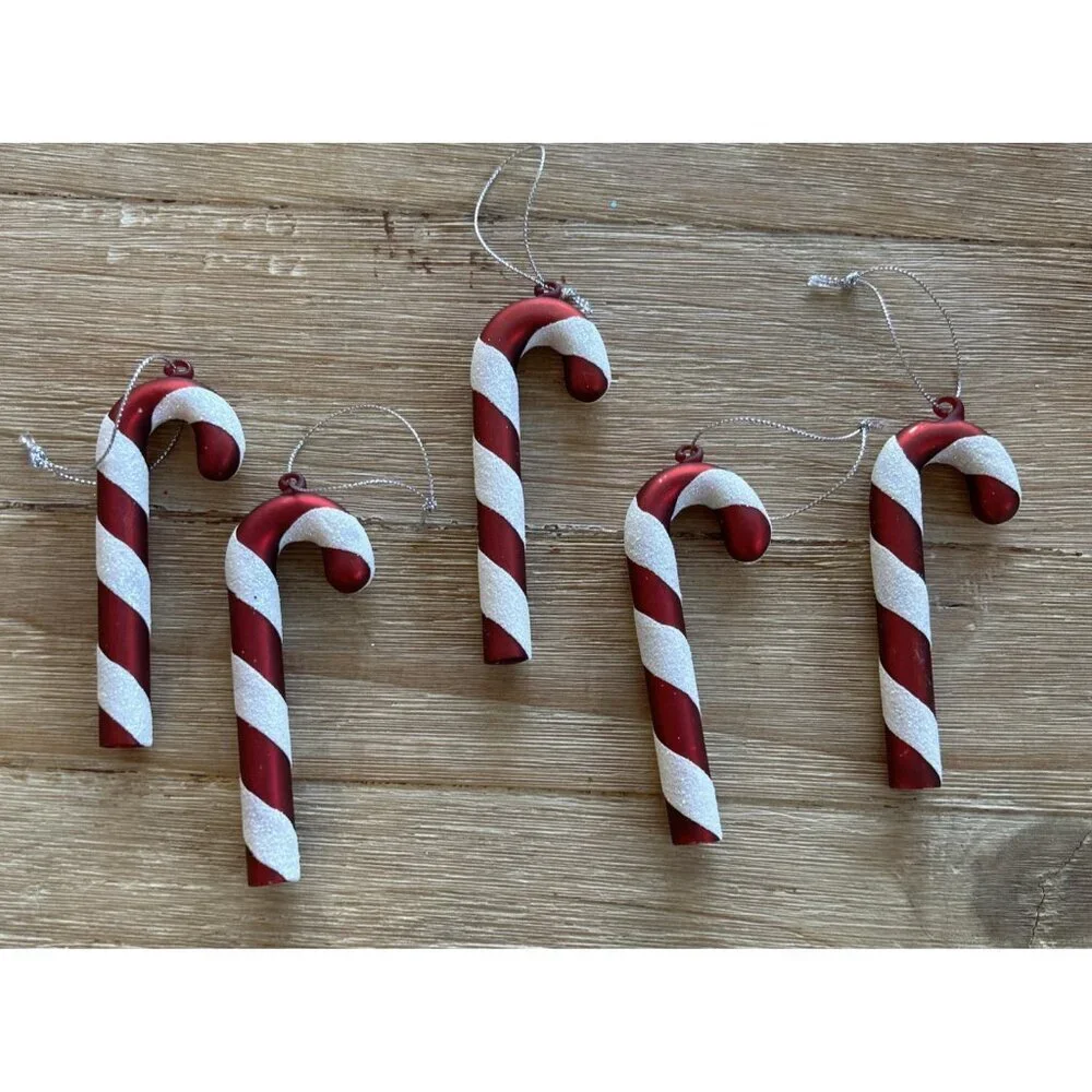 Lot of 5 Blown Glass CANDY CANE Christmas Tree Ornaments Vintage 4 inch glitter
